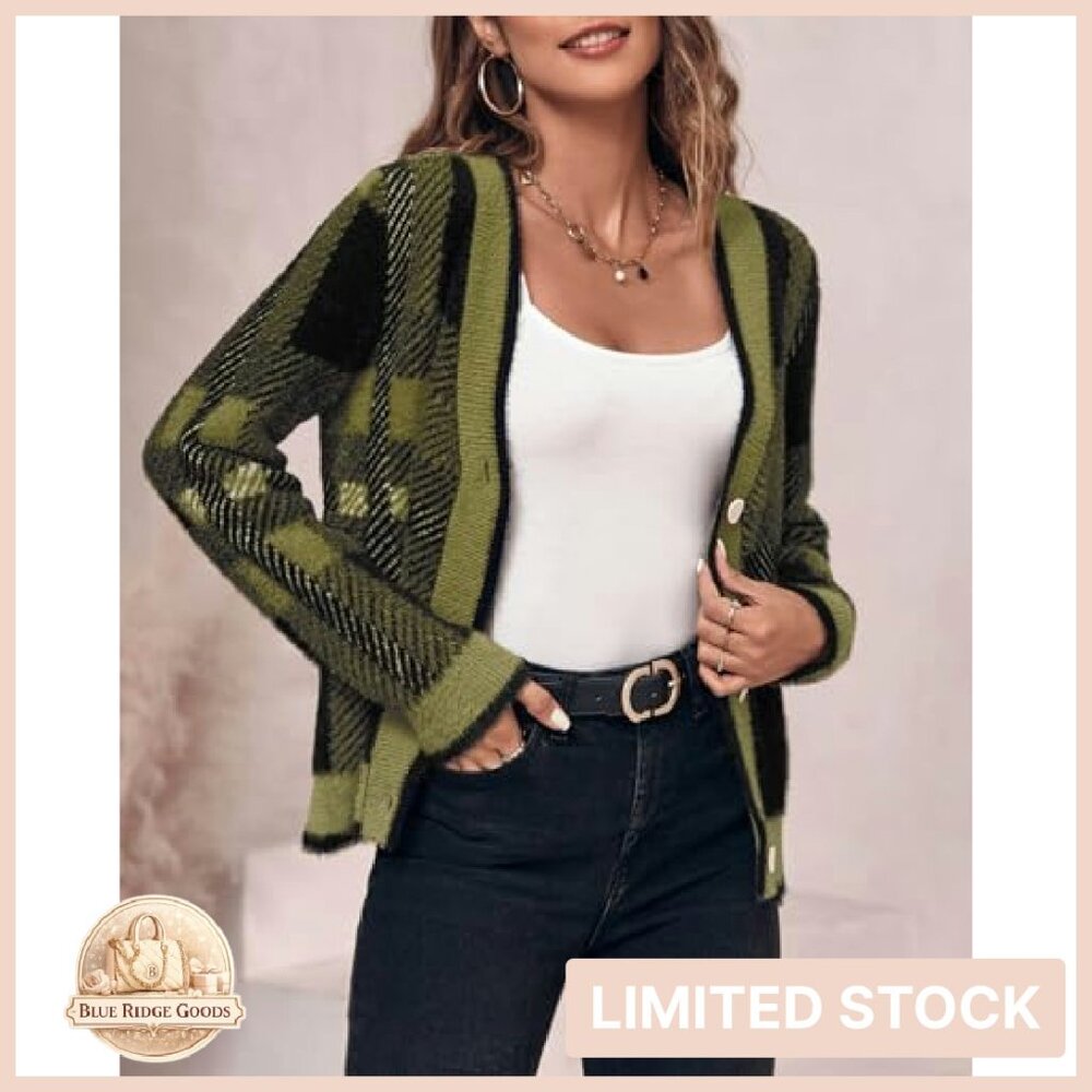 Plaid Fuzzy Knit V-Neck Cardigan Cozy Oversized Chic Fall Pullover - Picture 5 of 8